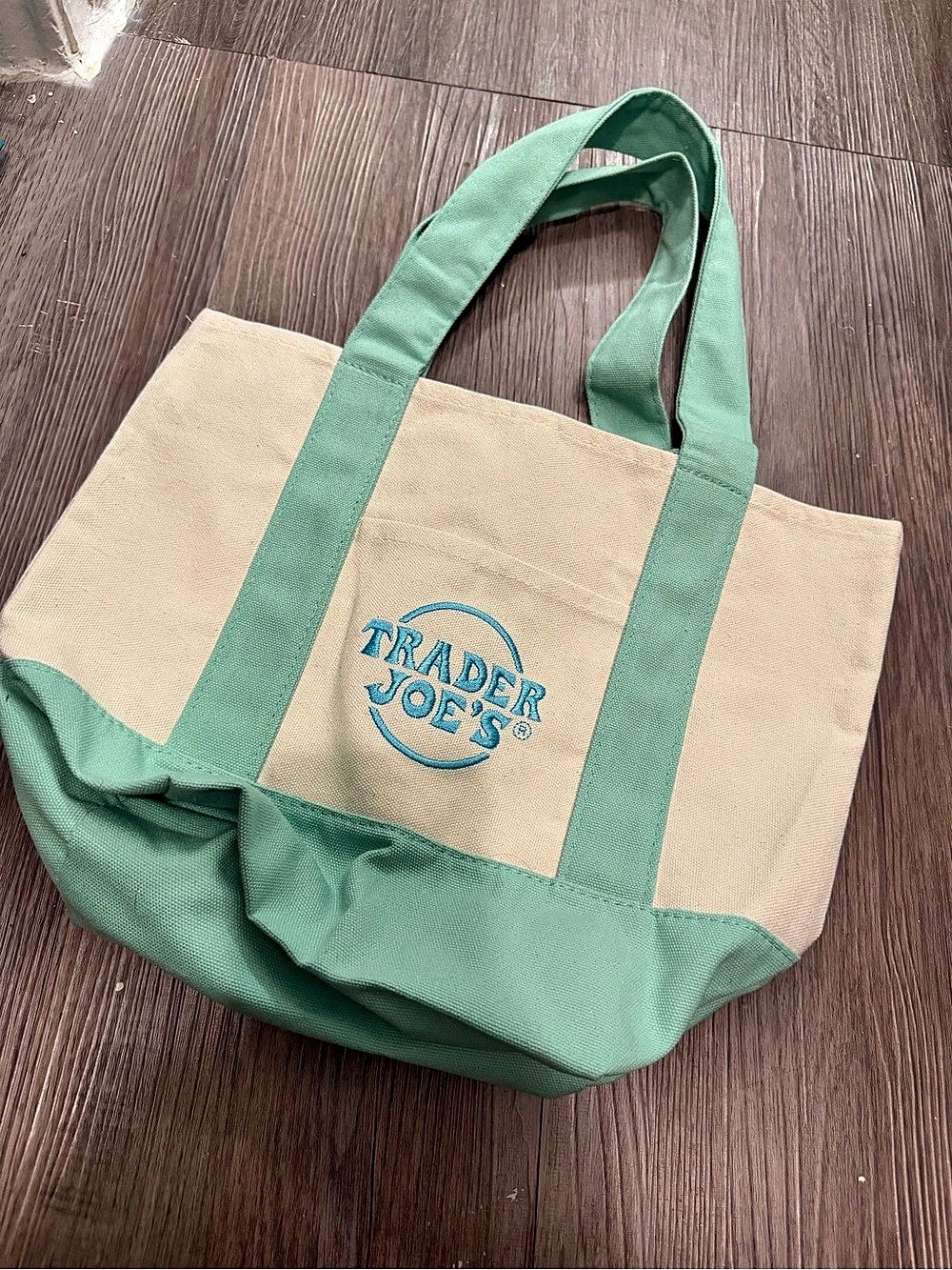 Trader Joe's Mini Pastel Canvas Tote Bag Green & Beige